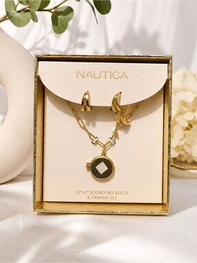 Nautica Gold Locket Necklace & Hoop Earring Set